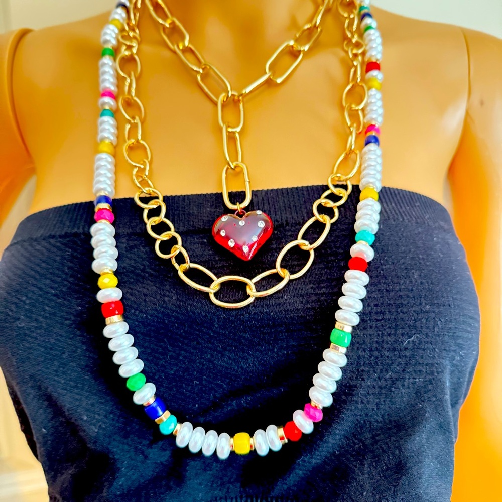 New Natasha Multi Row Pearl Chain Heart Long Multi Strand Beaded Necklace - Picture 5 of 7